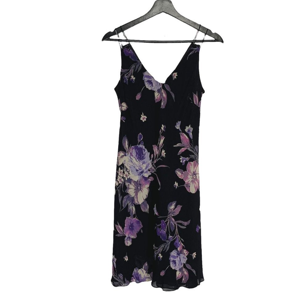 Vintage Y2K Black Purple Floral Sleeveless Below Knee Dress Size 10